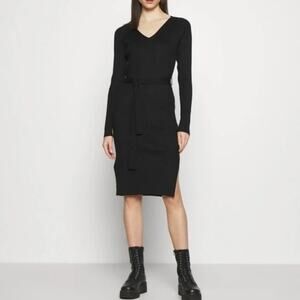 Vero Moda Ribbed Sweate Dress Medium New Black V-Neck Belted Long Sleeve